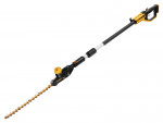 A yellow and black DEWALT cordless hedge trimmer with a double-action reciprocating blade and a rotating rear handle.,