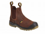 A brown composite safety boot with an anti-slip sole and padded collar, designed for comfort and protection during extended site work.