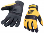 A pair of leather work gloves with a reinforced palm and adjustable wrist strap, offering durable hand protection.