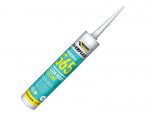 A  cartridge of Everbuild white silicone sealant with a flexible cured finish, for sealing joints around kitchens, bathrooms, and windows.