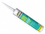 A 295ml cartridge of Everbuild white silicone sealant with a flexible cured finish, for sealing joints around kitchens, bathrooms, and windows.