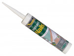 A 290ml cartridge of Everbuild white grab adhesive with a high-initial-bond formula, for instantly fixing panels, skirtings, and architraves.