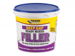 A 1 litre tub of Everbuild ready-mixed filler with a smooth white consistency, for repairing cracks and holes in plaster, timber, and masonry.