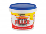 A tub of Everbuild ready-mixed filler with a smooth white consistency, for repairing cracks and holes in plaster, timber, and masonry.