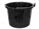 A heavy-duty plastic site bucket with a sturdy carry handle and measurement markings on the interior, for mixing and transporting materials.