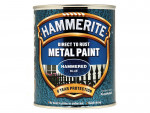 A 750ml tin of Hammerite direct-to-rust hammered-finish metal paint in blue, with a textured decorative surface and built-in rust inhibitor, requiring no primer.