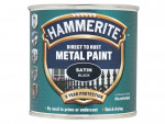 A 250ml tin of Hammerite satin-finish metal paint in black, for protecting and decorating metal surfaces.