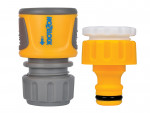 A hose or pipe fitting in metal or plastic, for connecting and sealing fluid lines in plumbing and site applications.