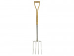 A garden fork with four hardened steel tines and a wooden handle, for breaking up soil and lifting root vegetables.