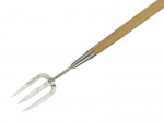 A garden fork with four hardened steel tines and a wooden handle, for breaking up soil and lifting root vegetables.