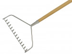 A garden rake with multiple hardened steel tines and a long wooden handle, for levelling soil and clearing debris.