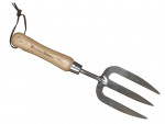 A garden fork with four hardened steel tines and a wooden handle, for breaking up soil and lifting root vegetables.