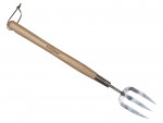 A garden fork with four hardened steel tines and a wooden handle, for breaking up soil and lifting root vegetables.