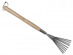 A garden rake with multiple hardened steel tines and a long wooden handle, for levelling soil and clearing debris.