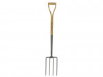 A garden fork with four hardened steel tines and a wooden handle, for breaking up soil and lifting root vegetables.