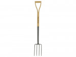 A garden fork with four hardened steel tines and a wooden handle, for breaking up soil and lifting root vegetables.