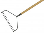 A garden rake with multiple hardened steel tines and a long wooden handle, for levelling soil and clearing debris.