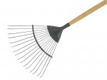 A garden rake with multiple hardened steel tines and a long wooden handle, for levelling soil and clearing debris.