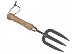 A garden fork with four hardened steel tines and a wooden handle, for breaking up soil and lifting root vegetables.