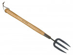 A garden fork with four hardened steel tines and a wooden handle, for breaking up soil and lifting root vegetables.