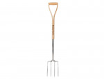 A garden fork with four hardened steel tines and a wooden handle, for breaking up soil and lifting root vegetables.