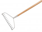 A garden rake with multiple hardened steel tines and a long wooden handle, for levelling soil and clearing debris.