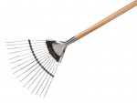 A garden rake with multiple hardened steel tines and a long wooden handle, for levelling soil and clearing debris.