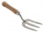 A garden fork with four hardened steel tines and a wooden handle, for breaking up soil and lifting root vegetables.