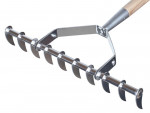 A garden rake with multiple hardened steel tines and a long wooden handle, for levelling soil and clearing debris.