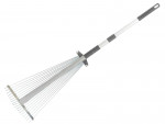A garden rake with multiple hardened steel tines and a long wooden handle, for levelling soil and clearing debris.