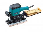 A teal and black Makita corded orbital sander with a 240V motor and a dust extraction bag, for surface preparation and finishing work.