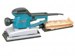 A teal and black Makita corded orbital sander with a 240V motor and a dust extraction bag, for surface preparation and finishing work.