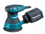 A teal and black Makita corded random-orbit sander with a 240V motor and a dust extraction bag, for surface preparation and finishing work.