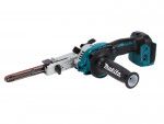A teal and black Makita cordless belt sander with a 18V motor and a dust extraction bag, for surface preparation and finishing work.