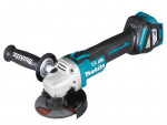 A teal and black Makita cordless angle grinder with a 18V motor, a side handle, and a wheel guard, for grinding, cutting, and surface preparation.