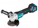 A teal and black Makita cordless angle grinder with a 18V motor, a side handle, and a wheel guard, for grinding, cutting, and surface preparation.
