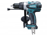 A teal and black Makita cordless combi drill with an 18V motor, a 13mm keyless chuck, and hammer, drill, and screwdriver modes.