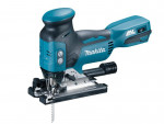 A teal and black Makita cordless jigsaw with 18V orbital action and a variable-speed trigger, for cutting curves and internal shapes.