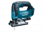 A teal and black Makita cordless jigsaw with 18V orbital action and a variable-speed trigger, for cutting curves and internal shapes.