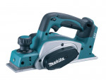 A teal and black Makita power planer with 18V a rebating depth stop, for smoothing and dimensioning timber boards.