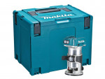 A teal and black Makita plunge router with a fine depth adjuster and a guide fence, for cutting grooves, rebates, and profiles in timber.