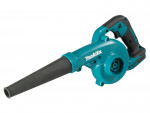 A teal and black Makita cordless leaf blower with 18V variable airflow control and a concentrator nozzle.,