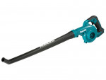 A teal and black Makita cordless leaf blower with 18V variable airflow control and a concentrator nozzle.,