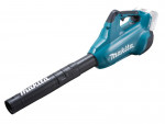 A teal and black Makita cordless leaf blower with 36V variable airflow control and a concentrator nozzle.,