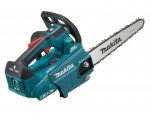 A teal and black Makita cordless chainsaw with a guide bar and automatic chain lubrication, for felling and pruning timber.