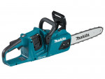 A teal and black Makita cordless chainsaw with a guide bar and automatic chain lubrication, for felling and pruning timber.