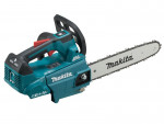A teal and black Makita cordless chainsaw with a guide bar and automatic chain lubrication, for felling and pruning timber.