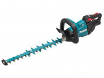 A teal and black Makita cordless hedge trimmer with a double-action reciprocating blade and a rotating rear handle.,