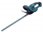 A teal and black Makita cordless hedge trimmer with a double-action reciprocating blade and a rotating rear handle.,