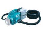 A teal and black Makita cordless leaf blower with 18V variable airflow control and a concentrator nozzle.,